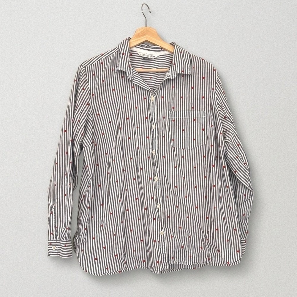Classic Blue White Striped Red Heart Button Down Valentines Top 100% Cotton